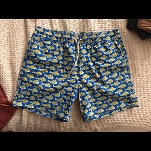 J. Crew Men’s Swim Trunks Blue and Yellow Fish Print Medium (tag still on)